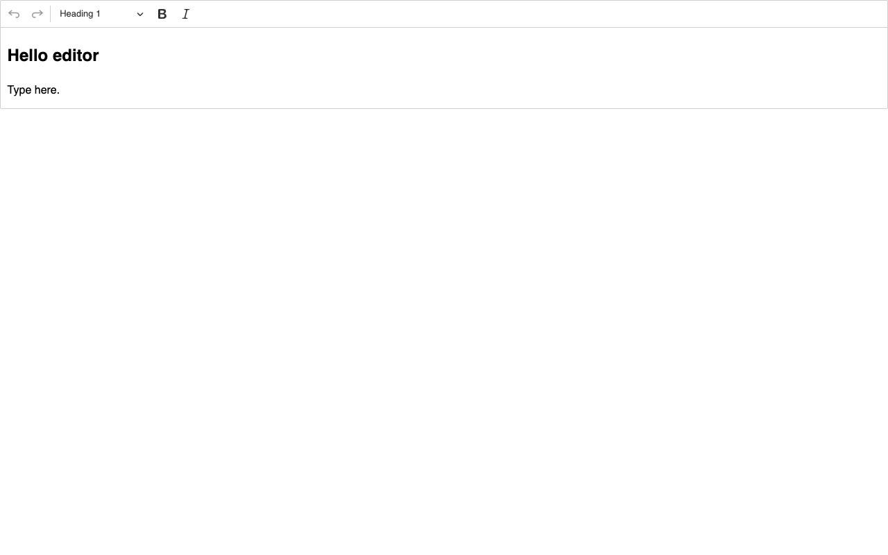 The CKEditor 5 benchmark application showing a toolbar with undo, redo, a heading dropdown, bold and italic above an editable heading and paragraph