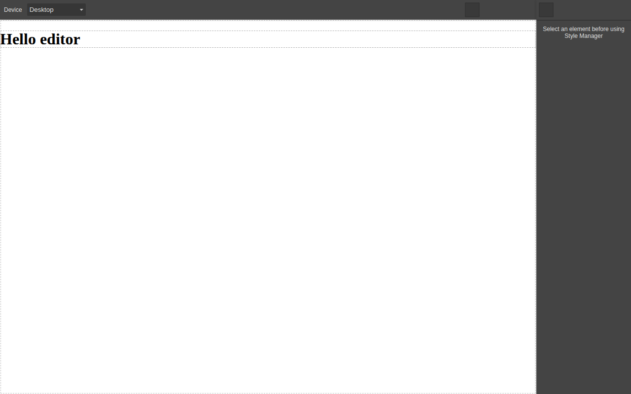 The GrapesJS editor running from our 14-line benchmark app, showing the canvas with a heading and the style manager panel on the right