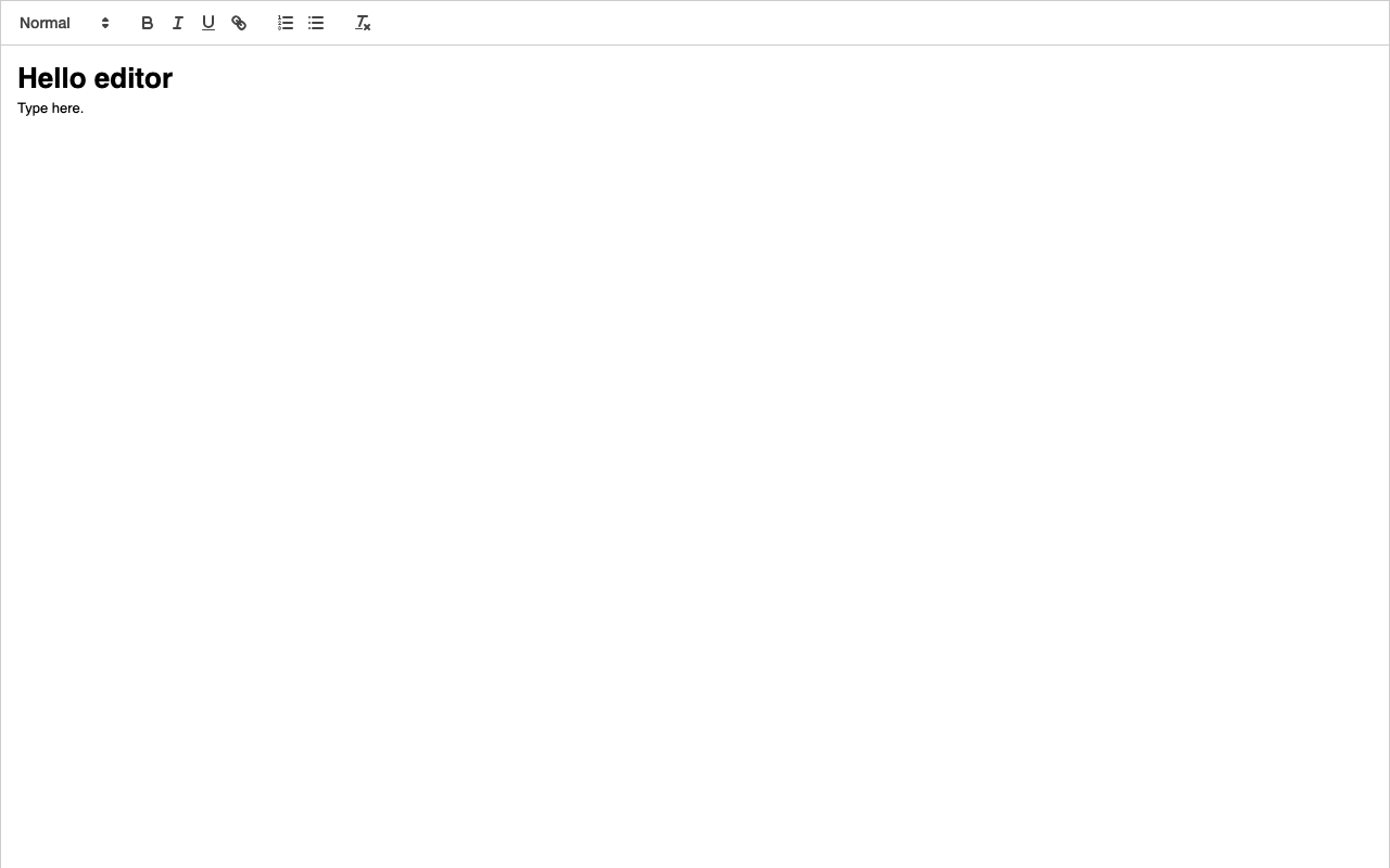 The Quill benchmark application showing the Snow theme toolbar with a heading picker, bold, italic, underline, link, list and clean buttons above a heading and a paragraph
